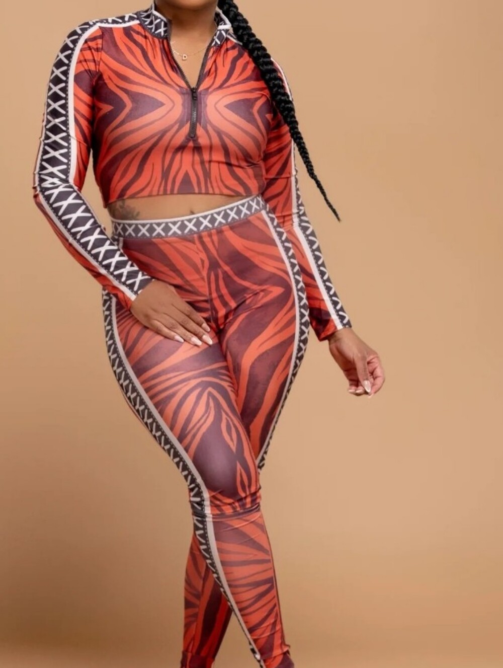 Rust Zebra Print High-Waist Leggings & Crop Top Set